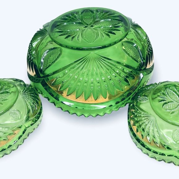 RARE Heisey Glass Emerald Green Pineapple and Fan Gold Bowls EAPG 1898 Set of 3 - Picture 5 of 10